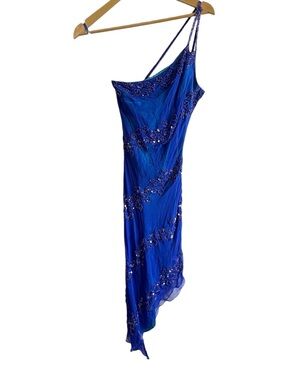 Vintage Y2K Cache Size 4 Blue Beaded Asymmetric Formal Dress Ethereal Whimsigoth